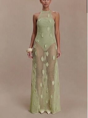 Meshki Sage Green Sheer Knit Halter Maxi Dress WORN ONCE